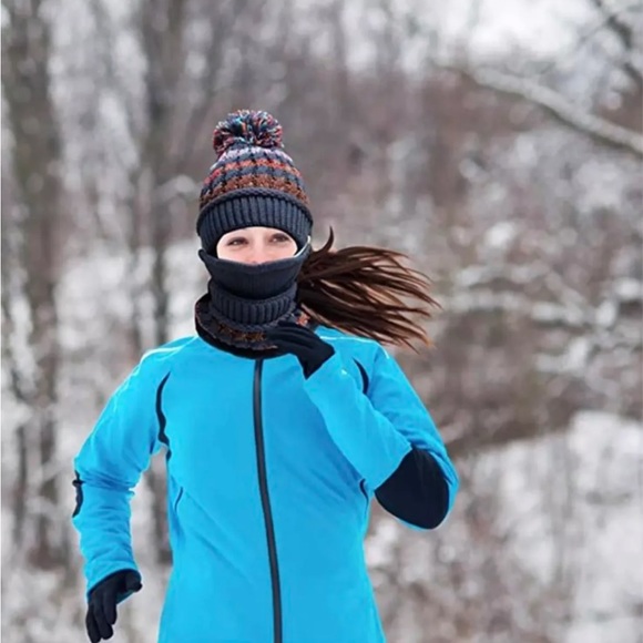 Navy Blue Winter Pompom Beanie Hat with Warm Fleece Lined Gaiter Scarf Face Mask - Picture 2 of 5